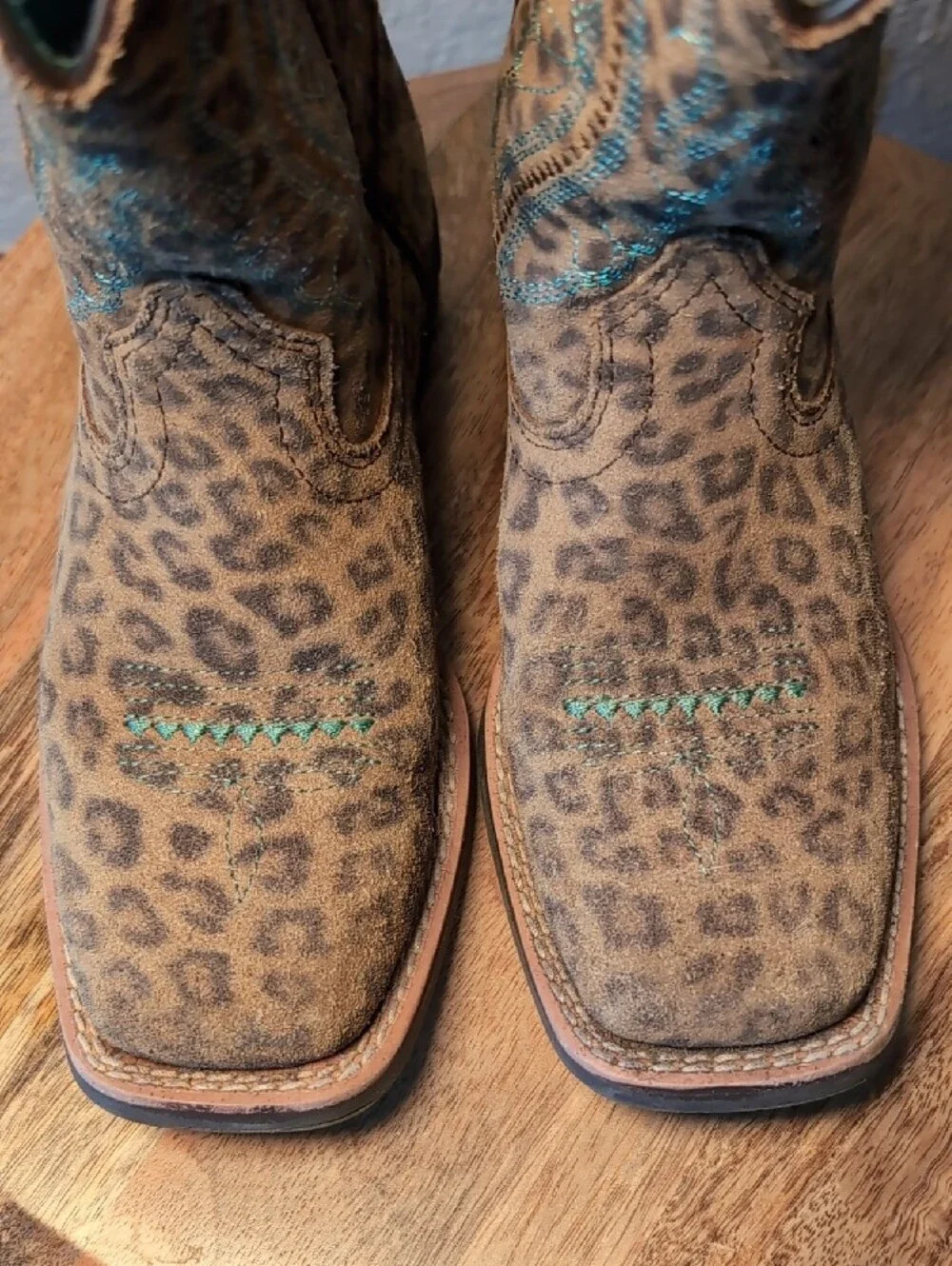 Kids Leopard Print Western Boots with Turquoise Stitching